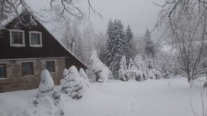 A stone house with a dark roof, surrounded by snow-covered trees and a snow-covered lawn.