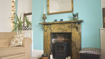 Smart TV, fireplace, DVD player, books