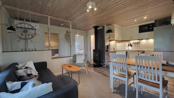TV connectée, cheminée, livres