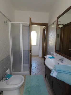 Shower, free toiletries, hair dryer, towels