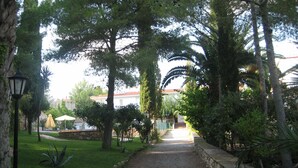 A pathway lined with trees and a stone wall, leading to a building with a red roof. - Duplex apartment with communal pool in Cunit (Can Torrents). (Cunit)