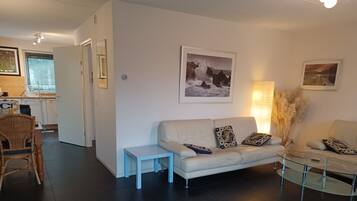 Smart-TV, DVD-spiller, bøker og stereoanlegg