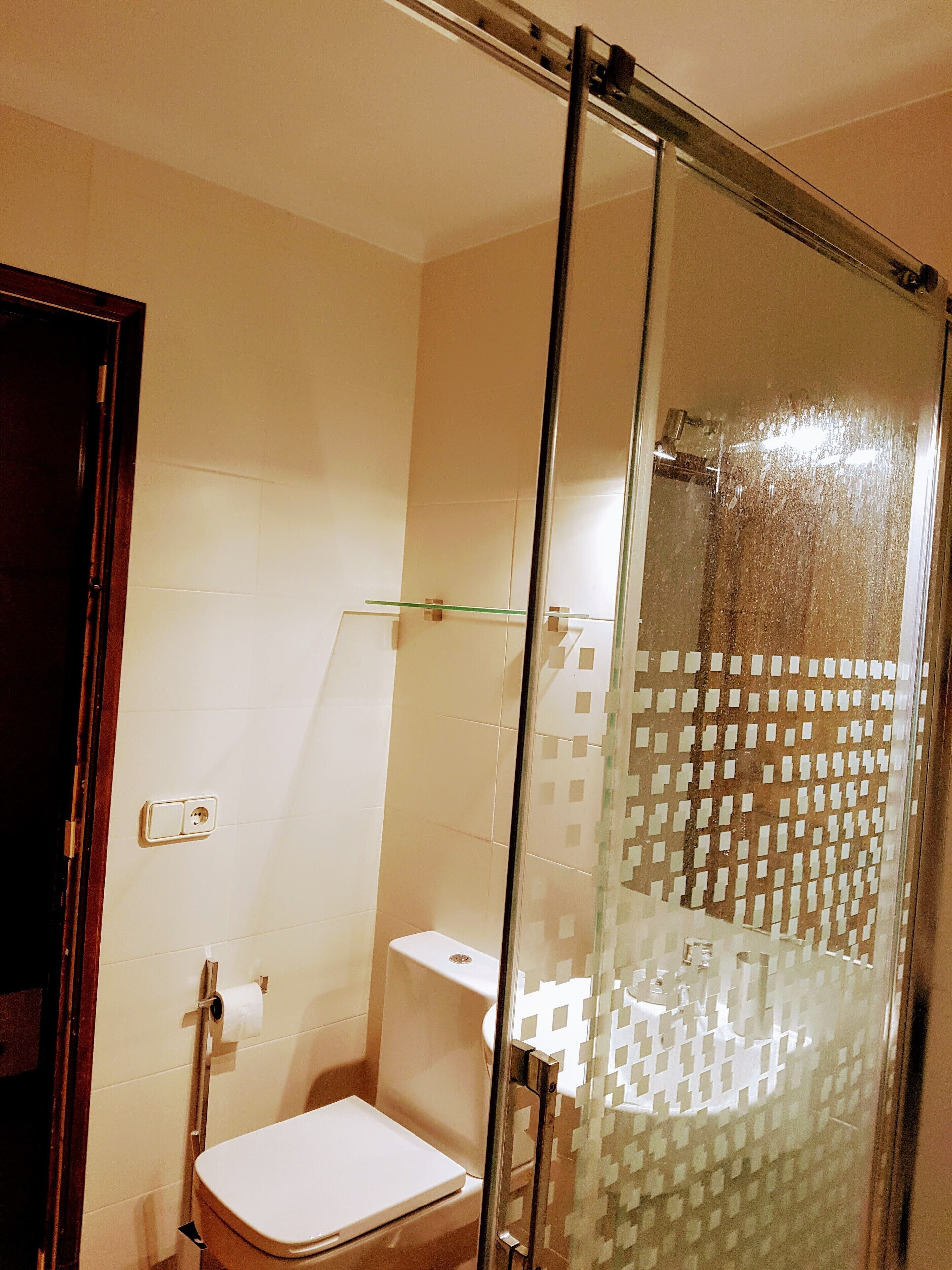 A bathroom with a glass shower enclosure, a toilet, and a towel rack.