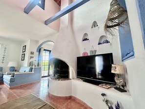 Smart TV, fireplace, books