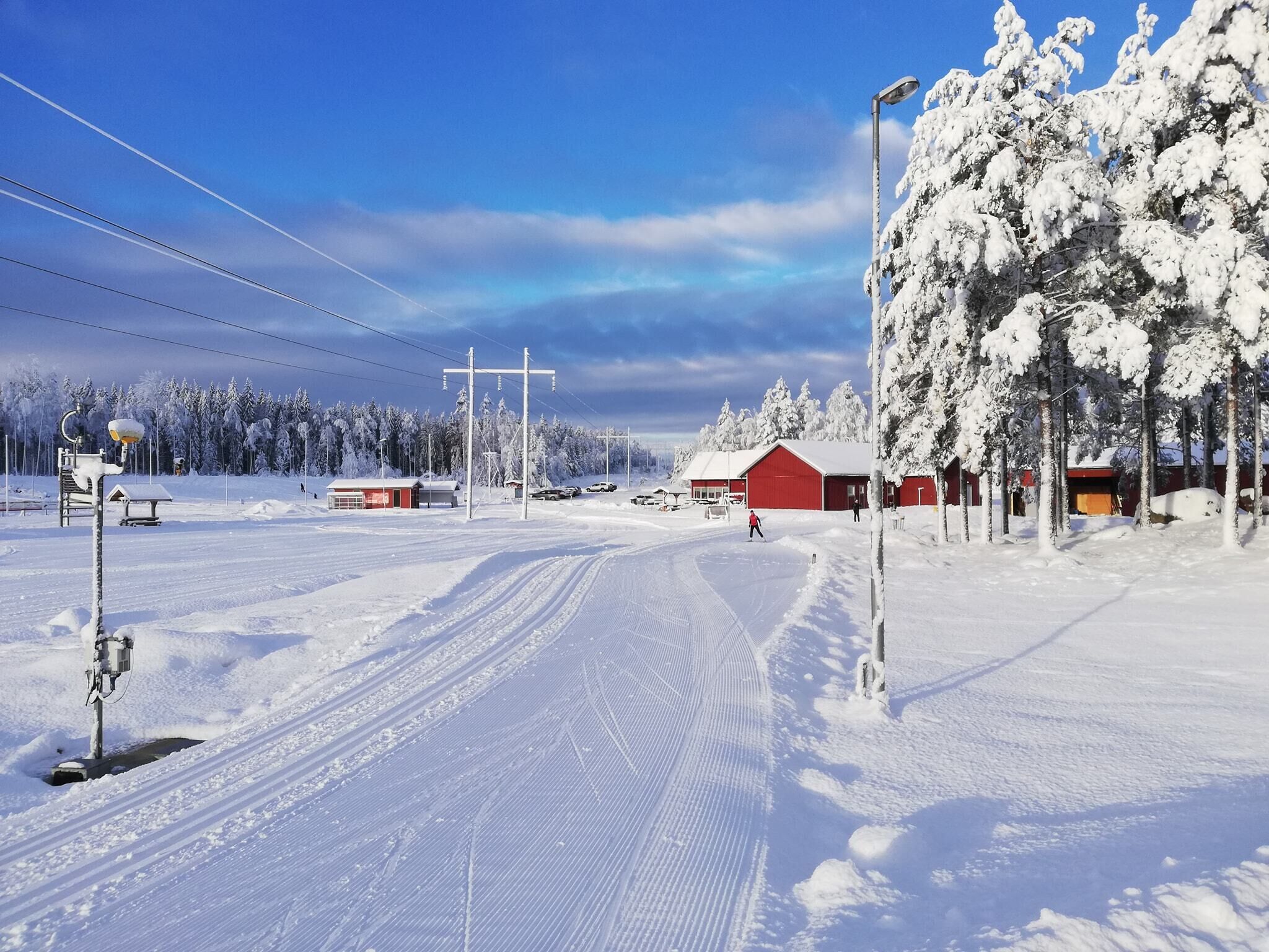 Un paisaje nevado con una carretera despejada, edificios rojos y árboles cubiertos de nieve.