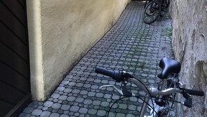 A narrow alleyway with cobblestone pavement, a parked bicycle, and a building entrance with a brown door. - Over the rooftops of the historic old town, center in the pedestrian zone (Konstanz)