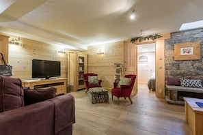 TV, fireplace, books, stereo