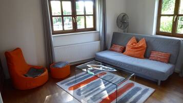 Smart-tv, eldstad, böcker och en stereo