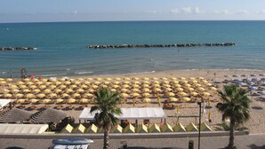 A beach with numerous yellow umbrellas and a few palm trees. - Termoli 10 meters from the sea (Termoli)