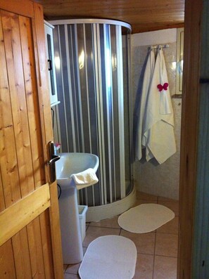 Een douche, een haardroger, een bidet, handdoeken