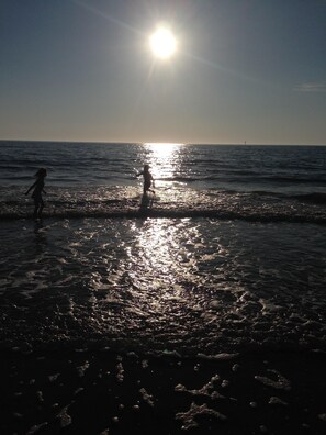 Une scène de plage où le soleil se reflète sur l’eau, créant un effet scintillant.