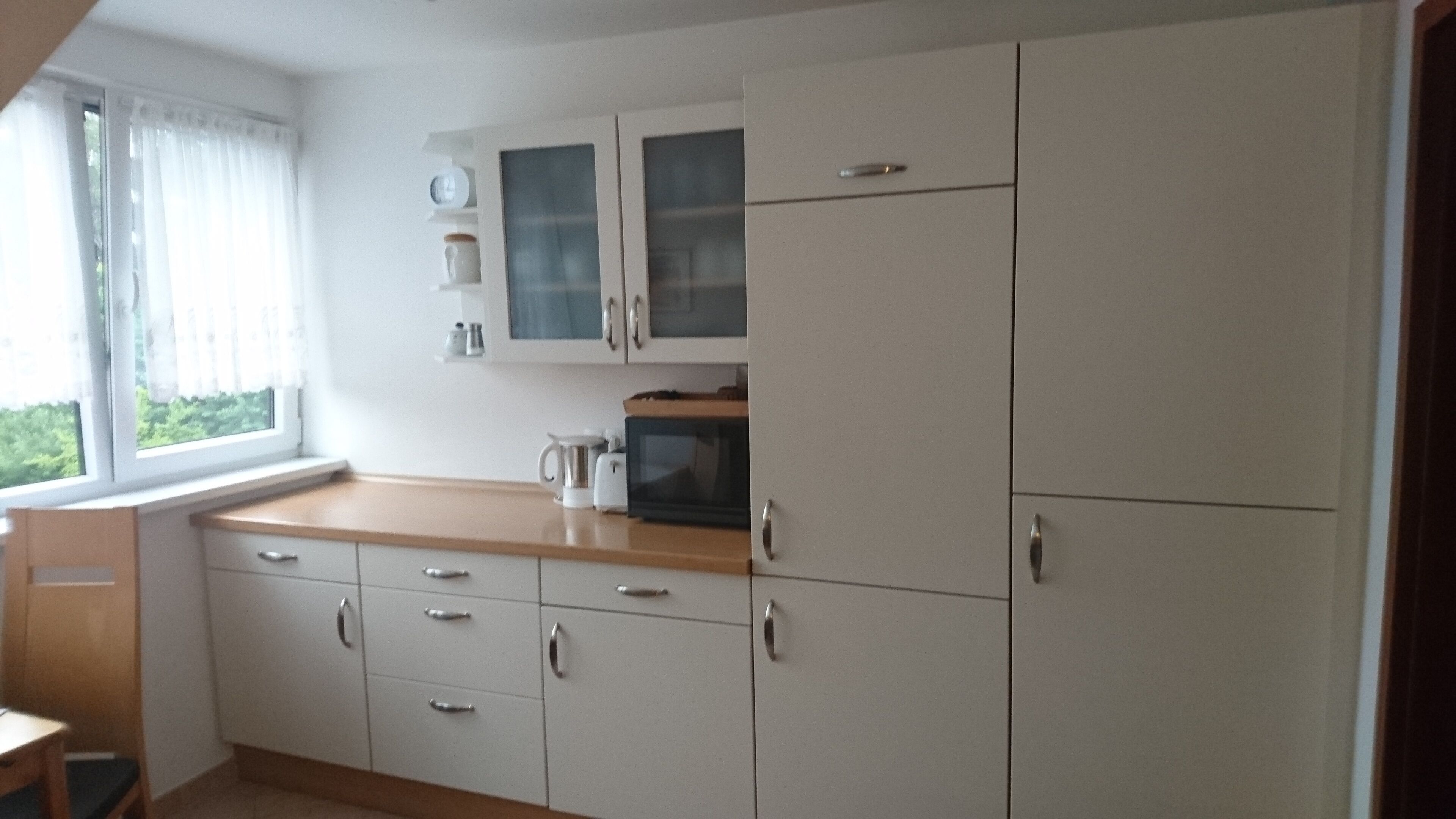 Coffee/tea maker, fridge, microwave, oven