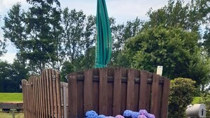 A garden with a wooden fence and a green umbrella. - Apartment in quiet location (Frankenfeld-Bosse)