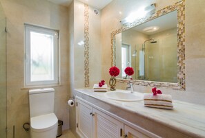 Combined shower/tub, bidet, towels