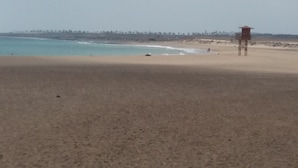 Een strand met een strandwachttoren, zandvlakte en kalme zee.