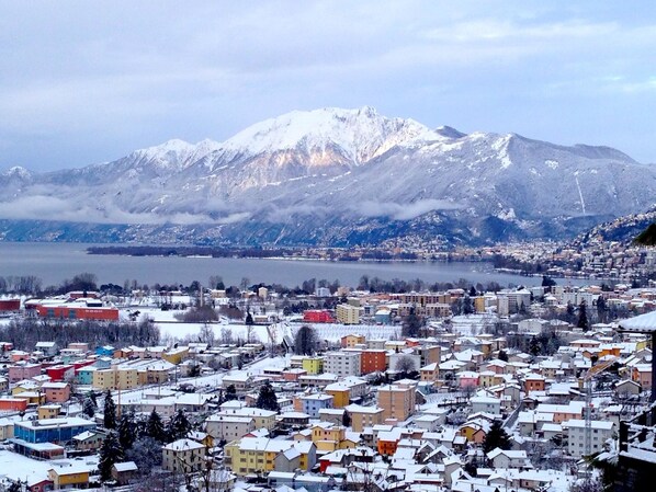 A snowy town with buildings and a mountain in the background.