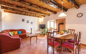 TV, caminetto, lettore DVD, libri