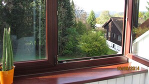 Une fenêtre donnant sur une forêt et une maison.
