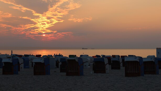A beach with rows of beach chairs and umbrellas, a sunset in the background, and a calm sea with a ship in the distance.