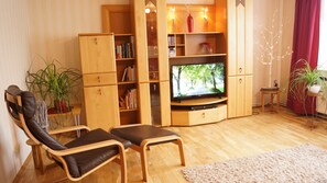 Televisio, takka, DVD-soitin, pöytätennispöytä