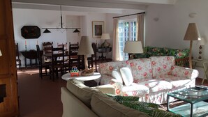 Un salon comprenant un canapé, des fauteuils, une table basse en verre et un coin repas avec des chaises et une table en bois.