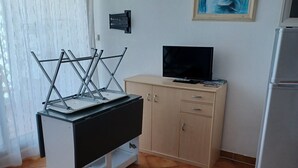 A compact living space with a kitchenette, a flat-screen TV, and a painting on the wall.