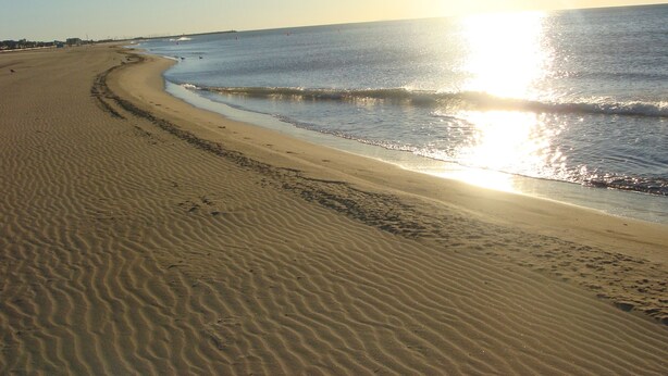 A beach with a curved shoreline and gentle waves.