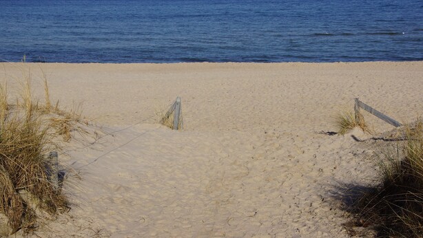 Ein sandiger Strand mit freiem Blick auf den Ozean.
