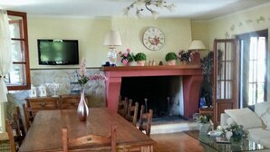 A dining room with a wooden table and chairs, a fireplace, a television, and a sofa. - TV119: Cute vacation home for 4 people with private pool in the countryside (Camaiore)
