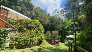 A rustic wooden cabin with a stone wall, a wooden deck, and a ladder leading to a loft. - TV119: Cute vacation home for 4 people with private pool in the countryside (Camaiore)