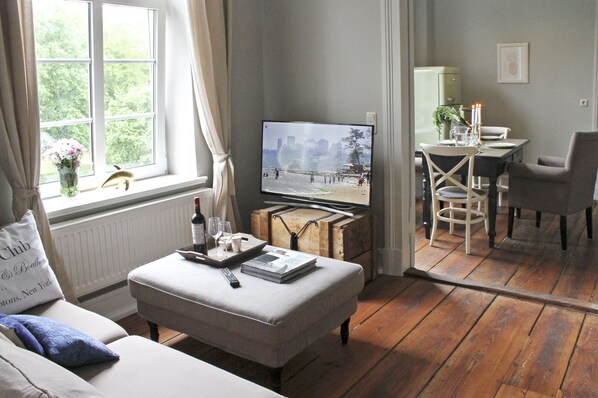 Smart TV, DVD player, books, stereo