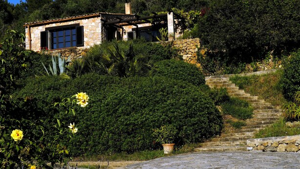 Una casa de piedra con un amplio ventanal, rodeada de abundante vegetación y una escalera de piedra que lleva a ella.