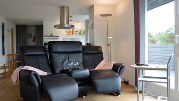 Smart TV, fireplace, books, music library