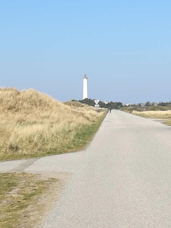 A road leading to a white lighthouse with a red top, surrounded by dry grass and sparse vegetation. - Vacation home view LEUCHTTURM at the North Sea * Final cleaning 95€ on departure * (Hvide Sande)