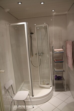 Een douche, een haardroger, een bidet, handdoeken