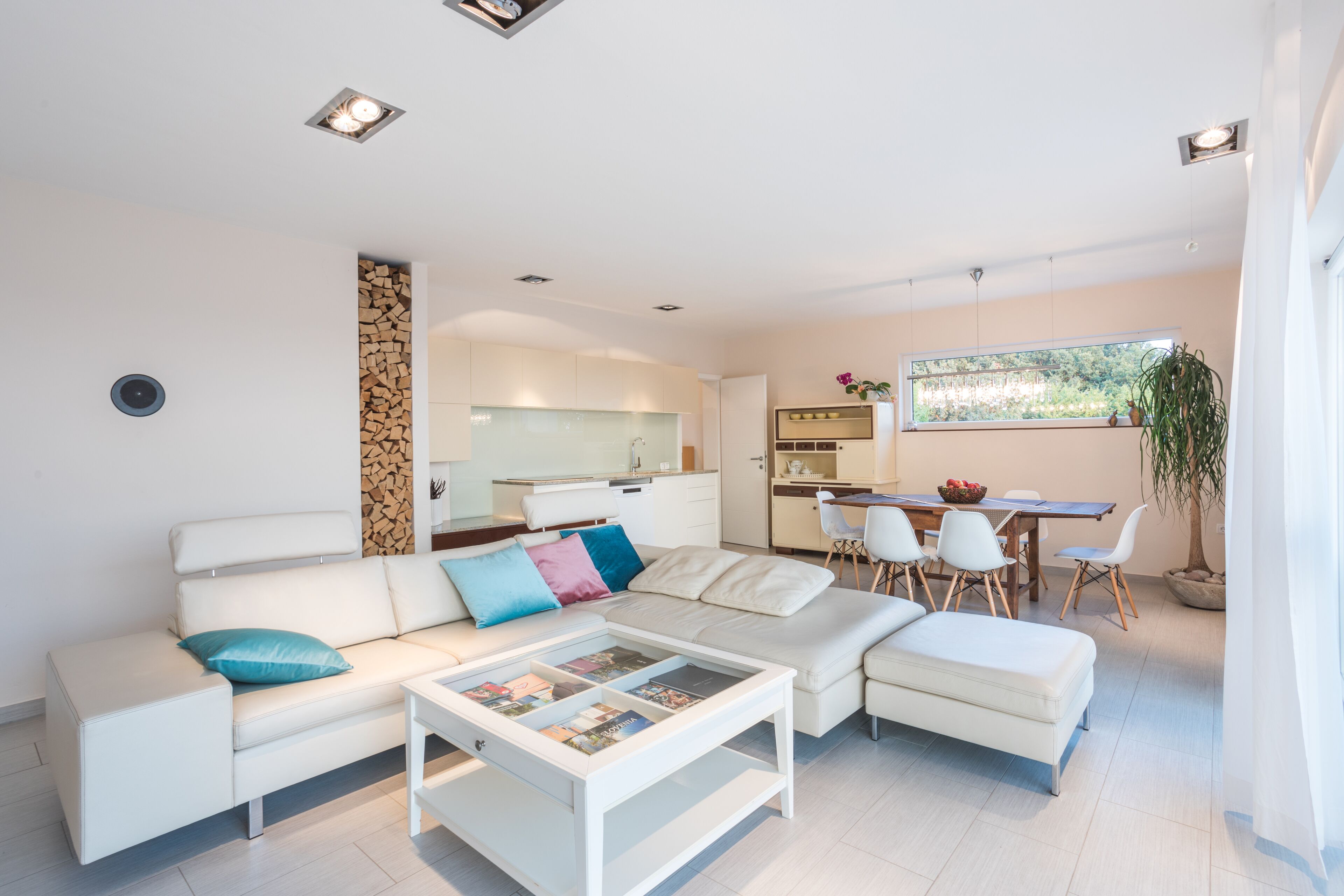 TV, lareira, livros, aparelho de som