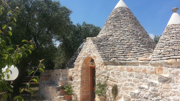 A stone building with a conical roof, a wooden door, and potted plants. - TRULLO in an evergreen olive grove in Salento, Apulia. (Ceglie Messapica)