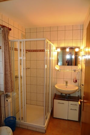Douche, séchoir à cheveux, serviettes fournies, savon