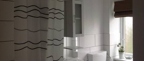 Un baño con cortina de ducha, lavamanos, inodoro, armario y ventana con planta.