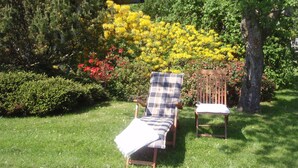 A garden with two wooden lounge chairs, one with a plaid cushion and the other with a white cushion, surrounded by lush greenery and vibrant yellow flowers. - Apartment Glücksburg is modern, comfortably furnished in 2017. (Ulsnis)
