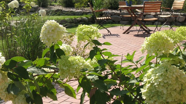 A patio with outdoor seating, surrounded by lush greenery and flowering plants.