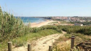 Un sendero costero que lleva a una playa, con un pueblo al fondo.