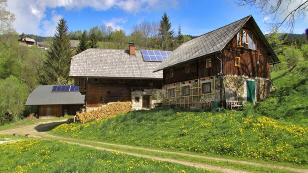 A wooden house with solar panels, surrounded by a lush green landscape and yellow flowers. - Find rest - experience nature -Aussteigen on time (Stanz im Mürztal)