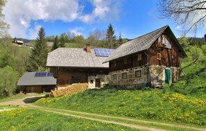 A wooden house with solar panels, surrounded by a lush green landscape and yellow flowers. - Find rest - experience nature -Aussteigen on time (Stanz im Mürztal)