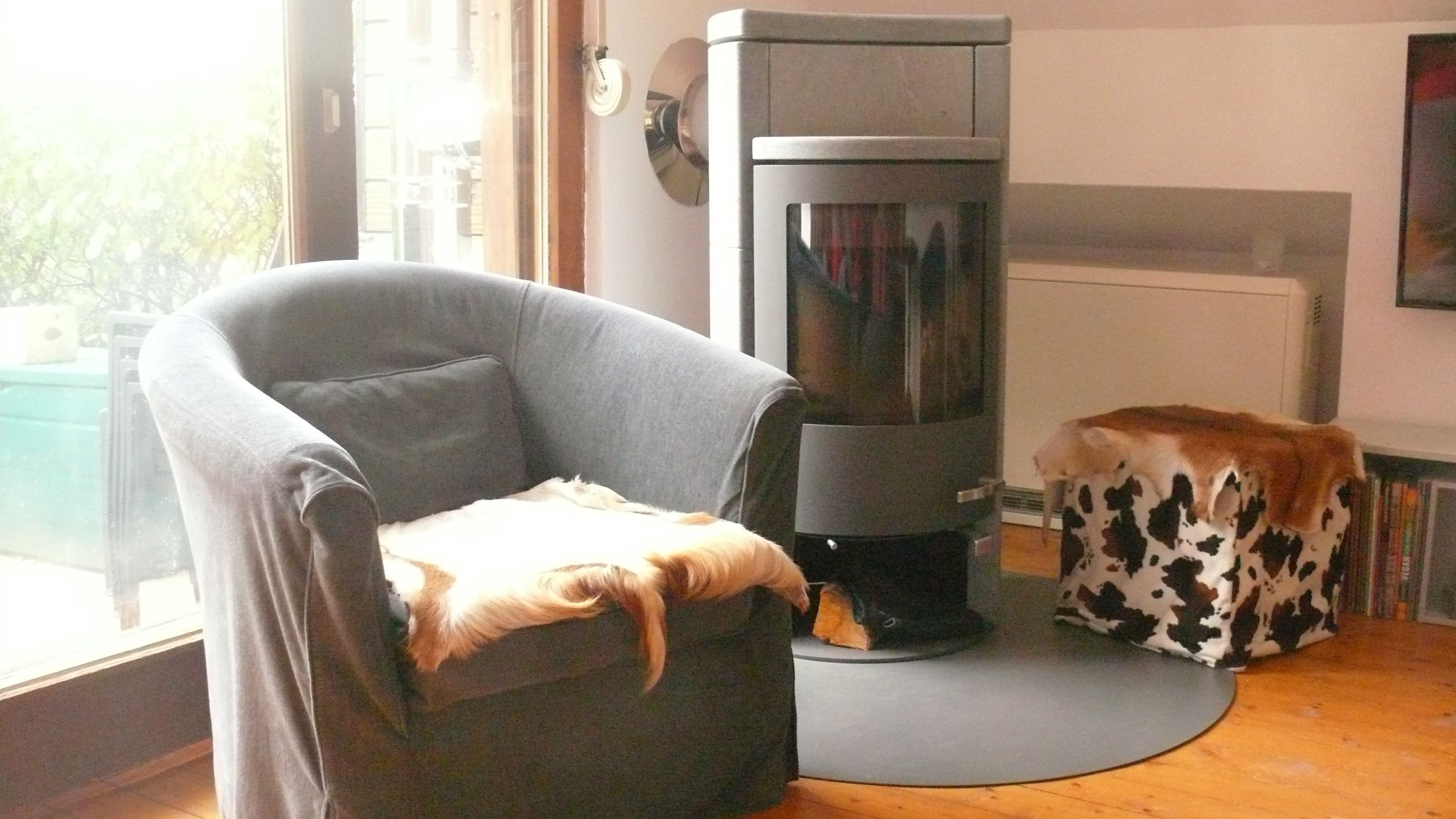 A cozy living room with a grey armchair, a fireplace, and a cat resting on the armchair.