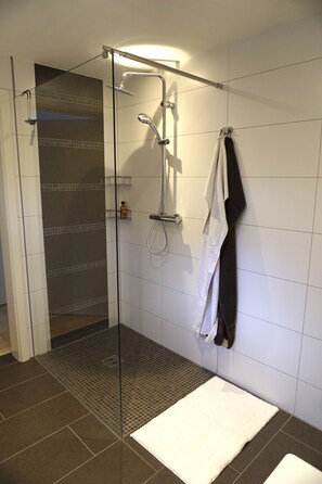 Baignoire, sèche-cheveux, serviettes fournies, savon