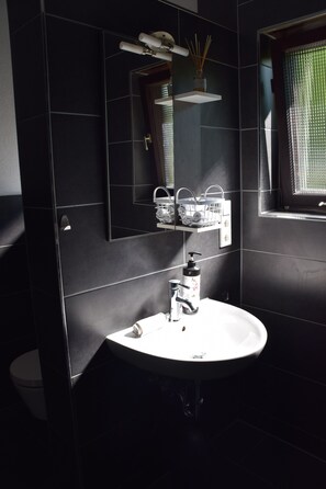 Suihku, hiustenkuivaaja, pyyhkeet, saippua