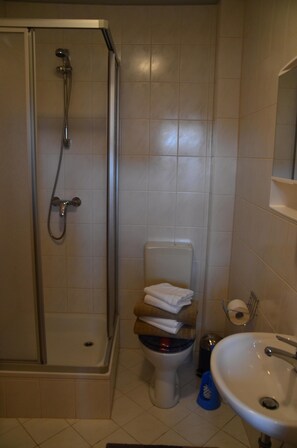 Ein Badezimmer mit Dusche, Toilette, Waschbecken und Handtuchhalter.