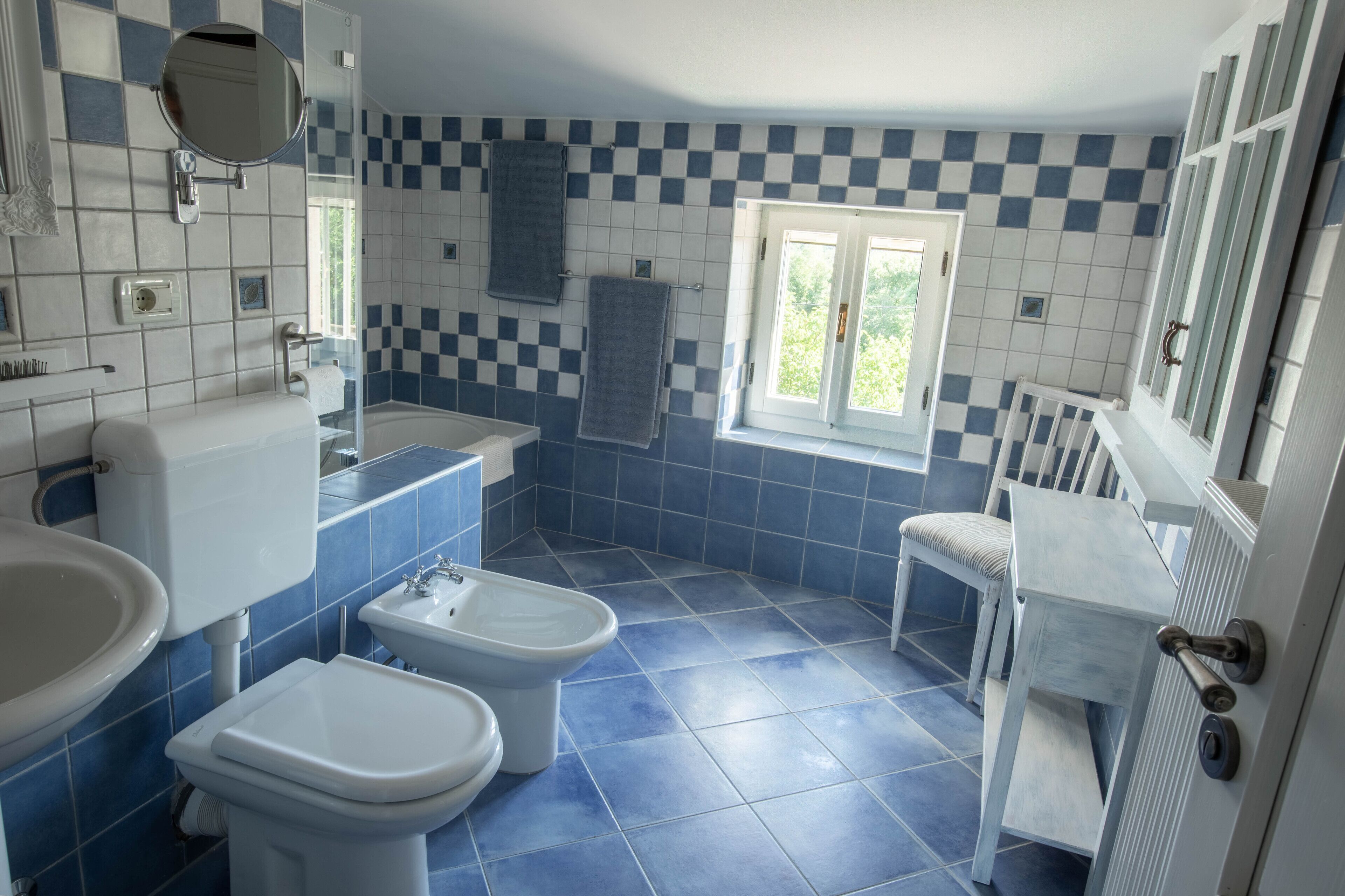 A bathroom with a checkered blue and white tile pattern, a white sink, a bidet, and a window with a view of greenery.