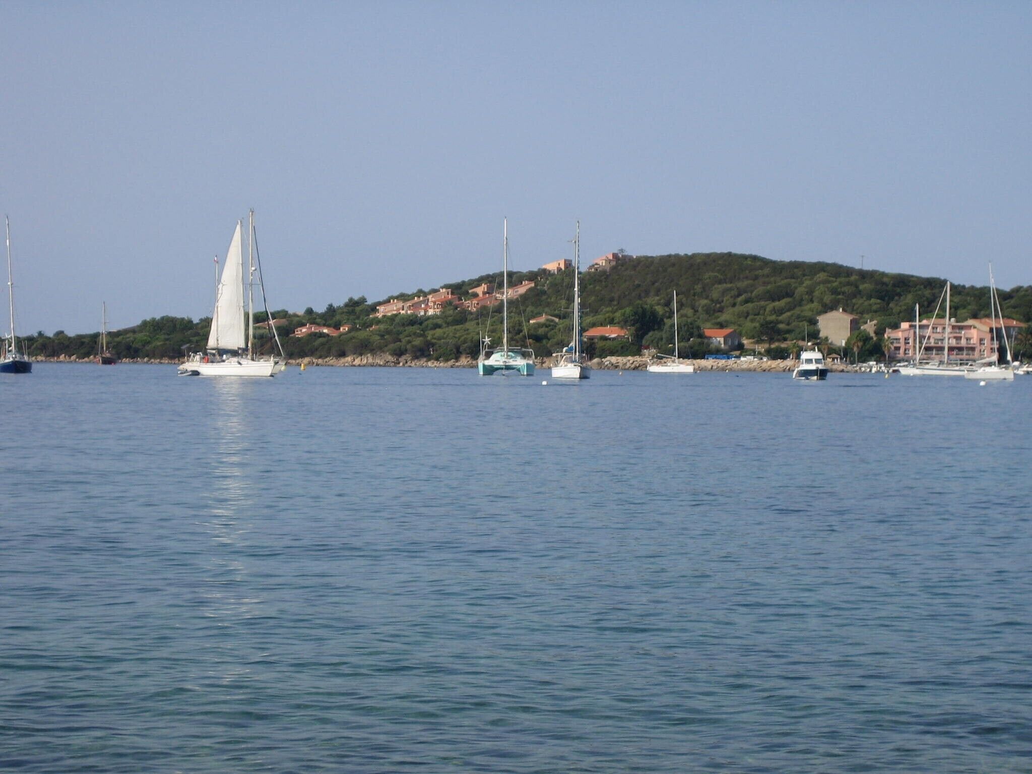 A coastal marina with sailboats and yachts docked.